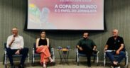 Foto: Júlia Delgado Jornalistas Ricardo Capriotti, Ludmilla Candal, Cauê Dias e Nelson Nunes na palestra que ocorreu na ESPM.