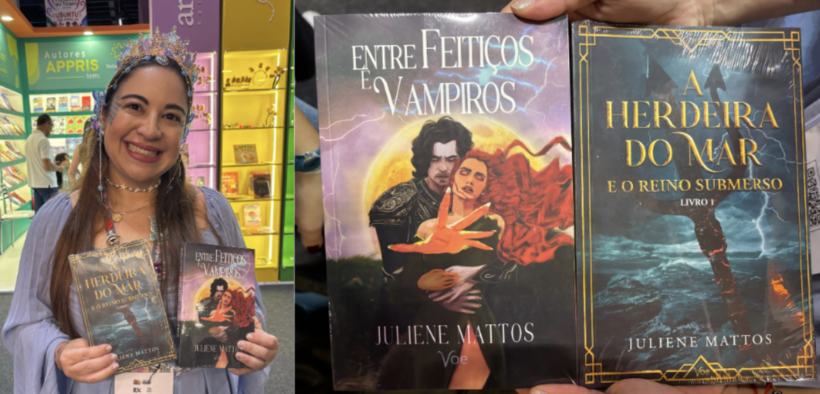 Livros escritos por Juliene Mattos, incluindo sua obra mais recente, “Entre Feitiços e Vampiros”. Foto: Julia Porto.